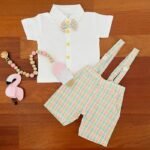 Checkered Woven Suspender & Tee with Bow - Image 3