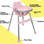 3 in 1 Spotty Baby Dining Chair with Footrest & extra tray, Pink-Grey Combo