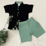 Waffle Mandarin Collared Tee & Twill Shorts - Image 4