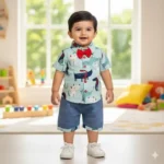 Collared Tee With Bow & Denim Shorts