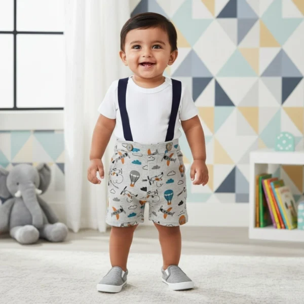 Printed Suspender with Round Neck Tee