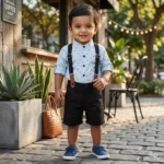 Printed Mandarin Full Sleeve Shirt and Shorts Suspender