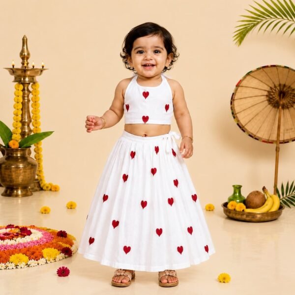 Khadi Hearts Embroidered Back Tying Top and Skirt