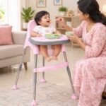 3 in 1 Spotty Baby Dining Chair with Footrest & extra tray, Pink-Grey Combo - Image 2